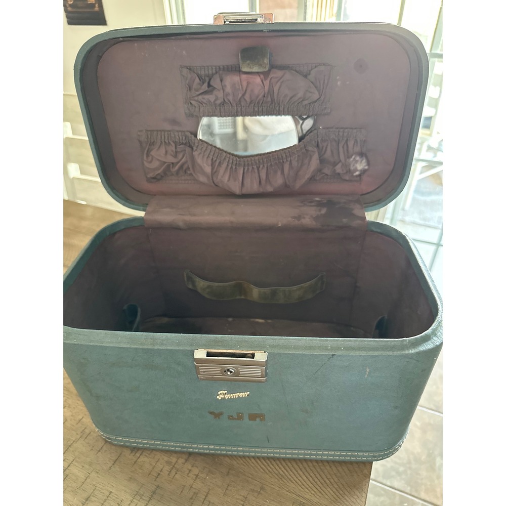 Mid-Century Skyway Train Case with Original Key Slate Blue Makeup Vanity Box
